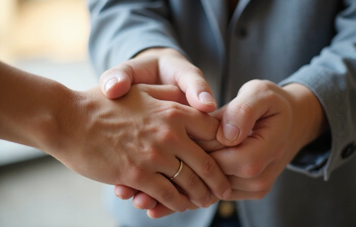 Hand, die eine andere Hand hält, symbolisierend Unterstützung und Führung